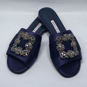 Manolo Blahnik Navy Satin Jewel Buckled Flat Sandals size 37